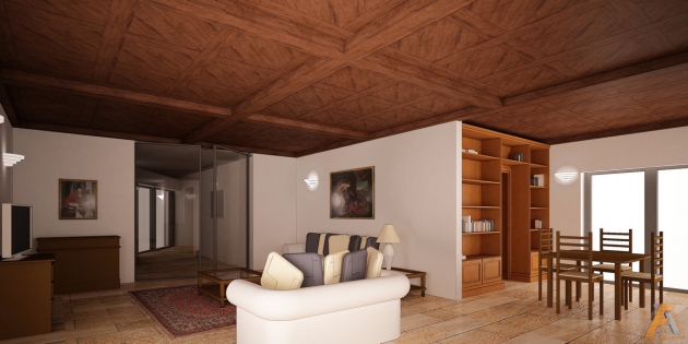  renderizzazione del soggiorno: ipotesi con il soffitto a cassettoni in legno e parete libreria