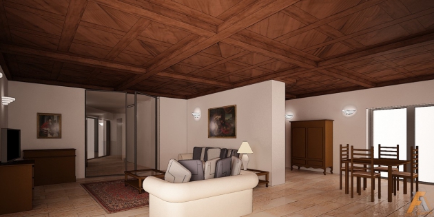  renderizzazione del soggiorno: ipotesi con il soffitto a cassettoni in legno