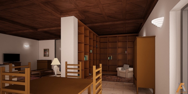  renderizzazione del soggiorno: ipotesi con il soffitto a cassettoni in legno e libreria